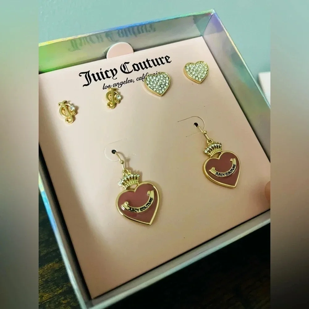 Juicy Couture 3 Pair Heart Earrings Set Crown Pink Rhinestone Stud NWT